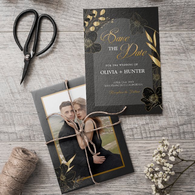 Elegant Modern Black and Gold Floral Photo Save The Date (Modern elegant Black and Gold Floral Photo Save the Date)