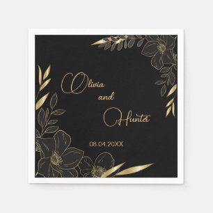 Elegant Modern Black and Gold Floral wedding Napkin