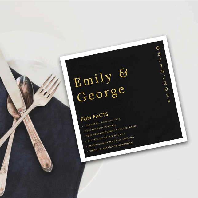 Elegant Modern Black And Gold Fun Facts Wedding Napkin (Creator Uploaded)