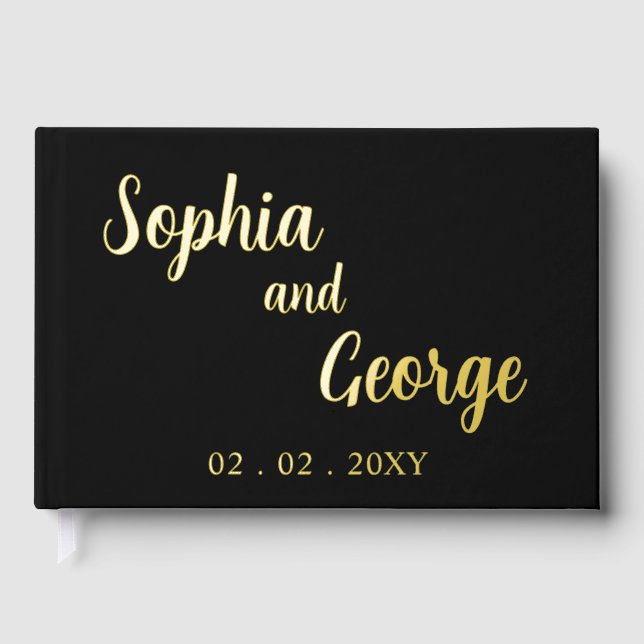 Elegant Modern Black and Gold Wedding Guest Book (Front)
