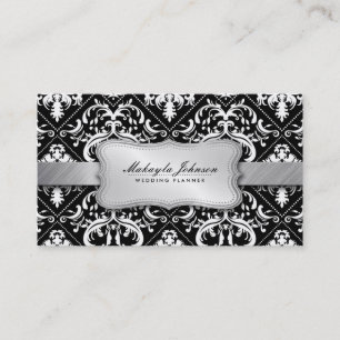 Elegant Modern Black and White Damask With Silver Business Card