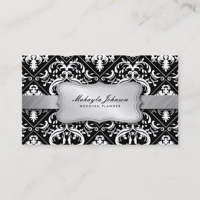 Elegant Modern Black and White Damask With Silver Business Card (Front)