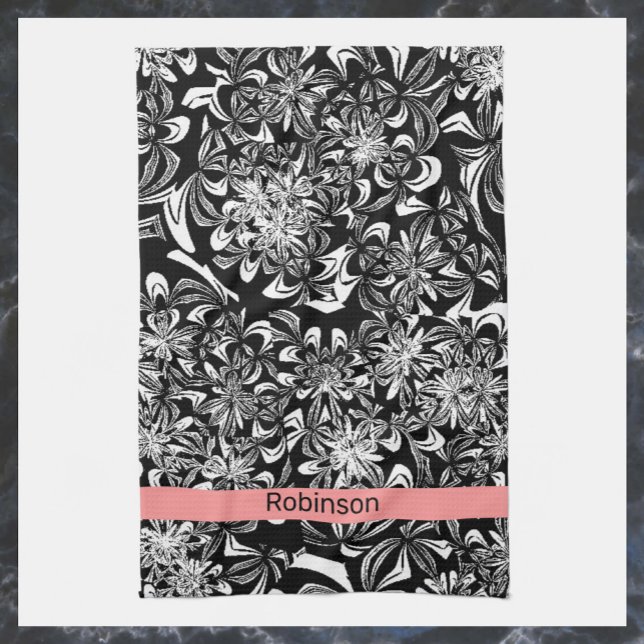 Elegant Modern Black and White Floral  Tea Towel (Creator Uploaded)
