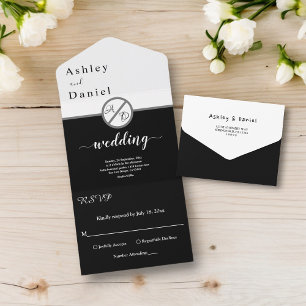 Elegant Modern Black And White Monogram Wedding All In One Invitation
