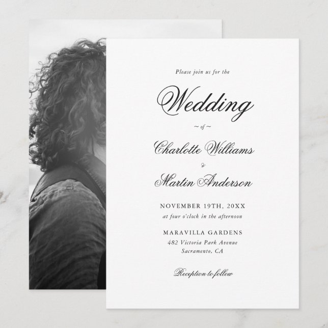 Elegant Modern Black and White Photo Wedding Invitation (Front/Back)