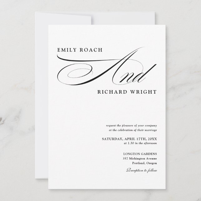 Elegant Modern Black And White Script Wedding Invitation (Front)