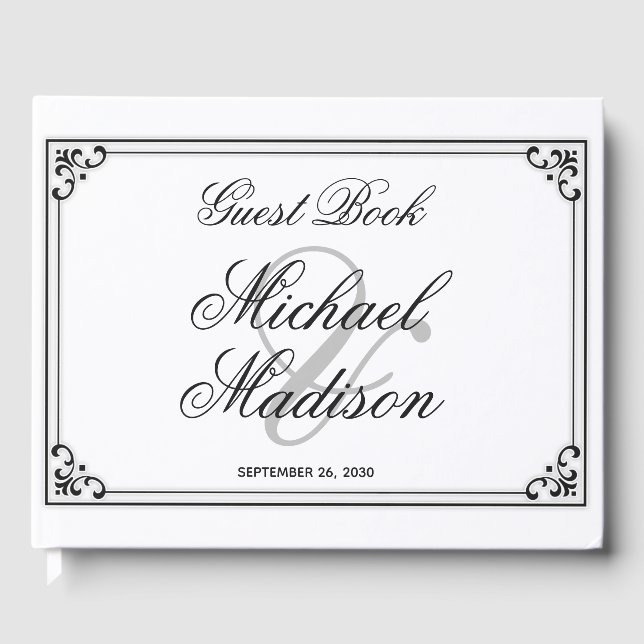 Elegant Modern Black and White Wedding Guest Book (Front)