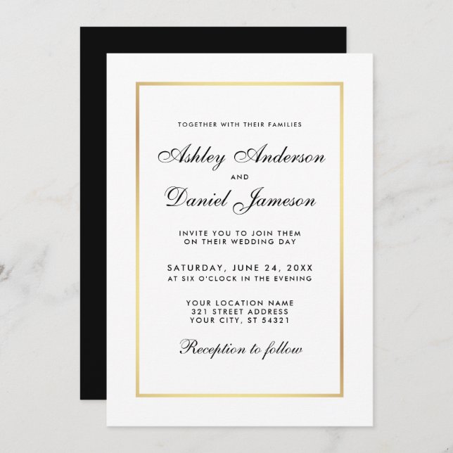 Elegant Modern Black and White Wedding Invitation (Front/Back)