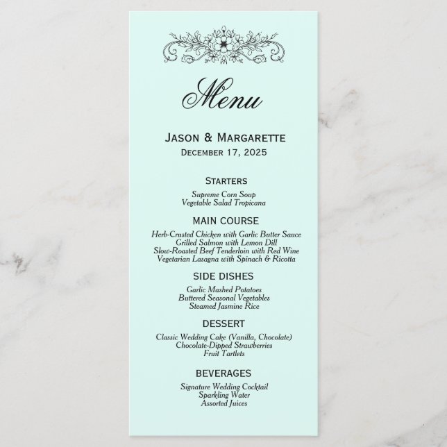 Elegant Modern Black and White Wedding Menu (Front)