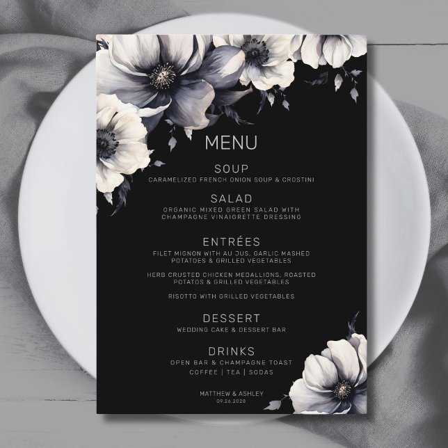 Elegant Modern Black Anemone Floral Wedding Menu (Elegant Black Floral Wedding Menu)