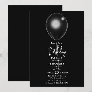 Elegant Modern Black Balloon Birthday Him Her Invitation