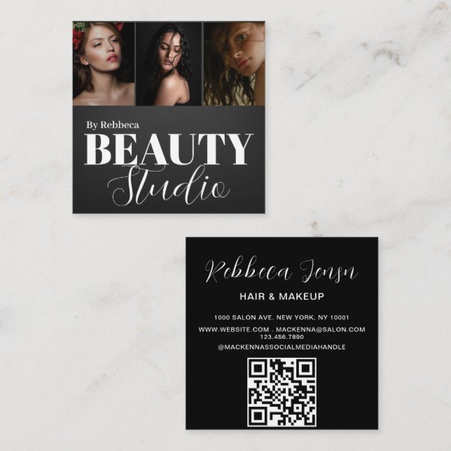Elegant Modern Black Beauty Salon 3 Photo Square Business Card (Front/Back)