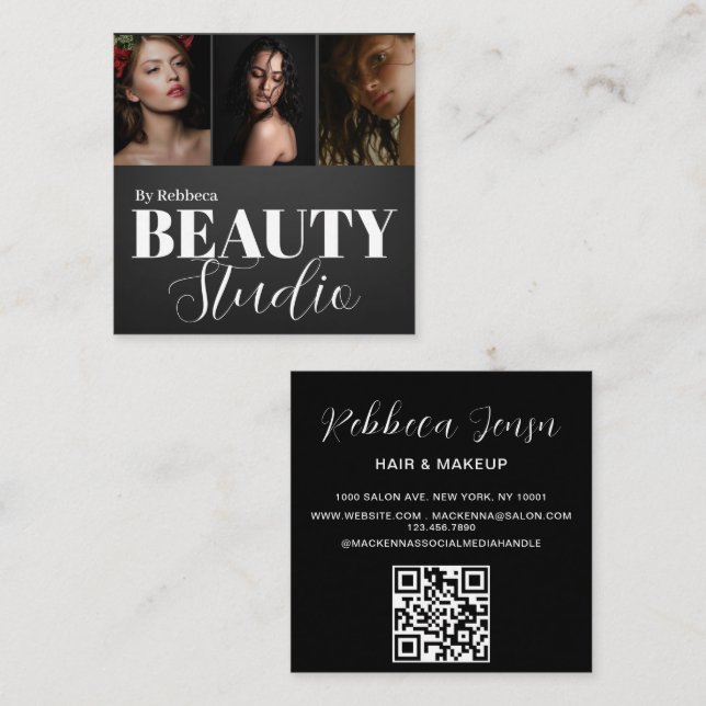 Elegant Modern Black Beauty Salon 3 Photo Square Business Card (Front/Back)
