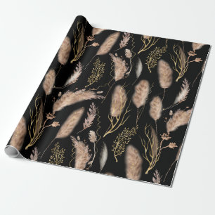 Elegant Modern Black Beige Pampas Grass Pattern Wrapping Paper