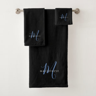 Elegant Modern Black Blue Script Monogram Bath Towel Set