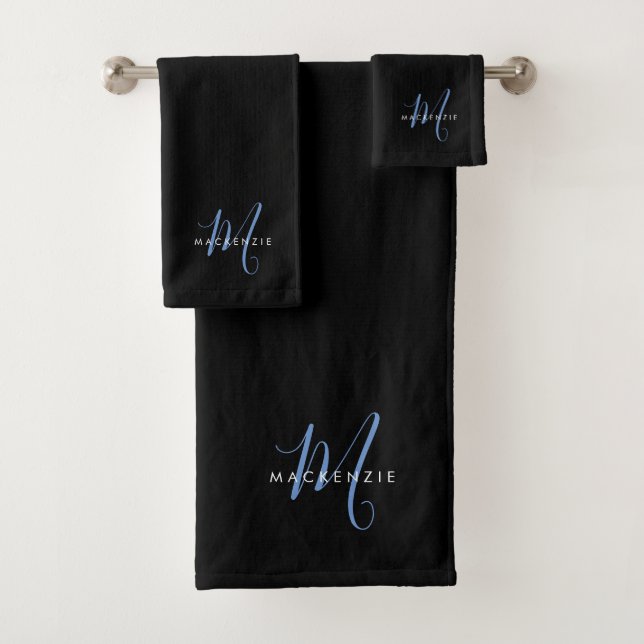 Elegant Modern Black Blue Script Monogram Bath Towel Set (Insitu)