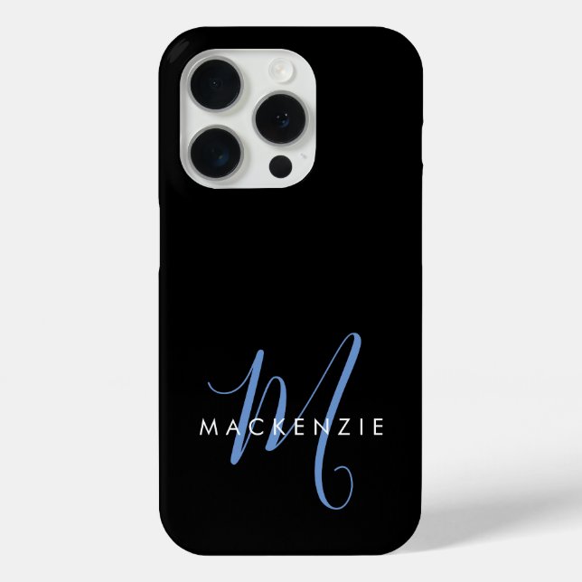 Elegant Modern Black Blue Script Monogram Case-Mate iPhone Case (Back)