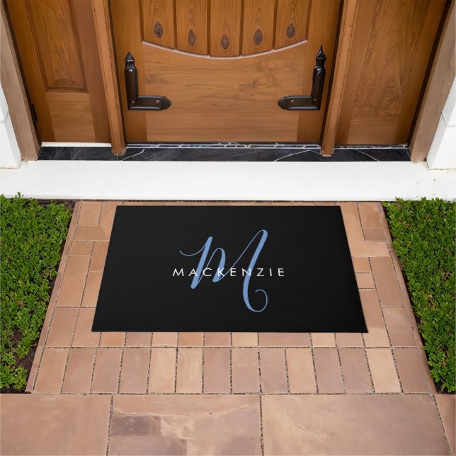Elegant Modern Black Blue Script Monogram Doormat (Outdoor)