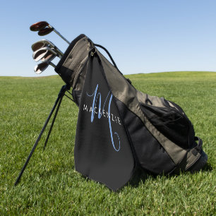 Elegant Modern Black Blue Script Monogram Golf Towel