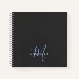 Elegant Modern Black Blue Script Monogram Notebook