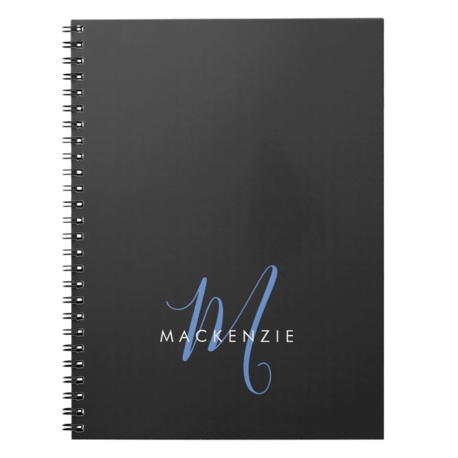 Elegant Modern Black Blue Script Monogram Notebook (Front)