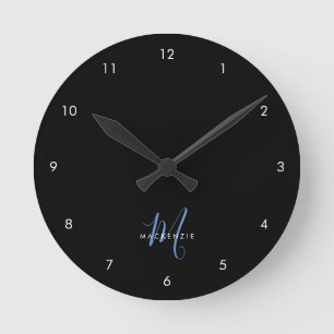 Elegant Modern Black Blue Script Monogram Round Clock