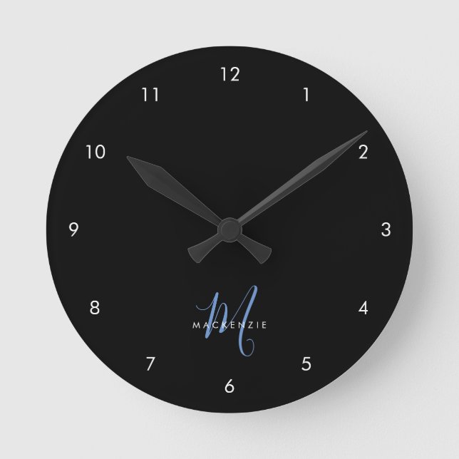 Elegant Modern Black Blue Script Monogram Round Clock (Front)