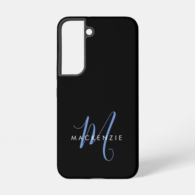 Elegant Modern Black Blue Script Monogram Samsung Galaxy S22 Case (Back)