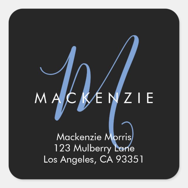 Elegant Modern Black Blue Script Monogram Square Sticker (Front)