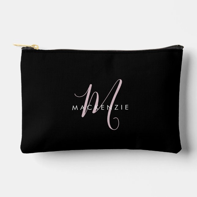Elegant Modern Black Blush Pink Script Monogram Accessory Pouch (Front)