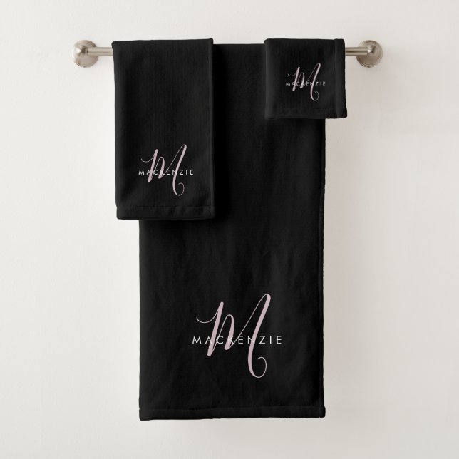 Elegant Modern Black Blush Pink Script Monogram Bath Towel Set (Insitu)