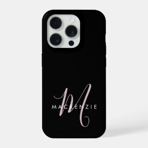 Elegant Modern Black Blush Pink Script Monogram iPhone 15 Pro Case