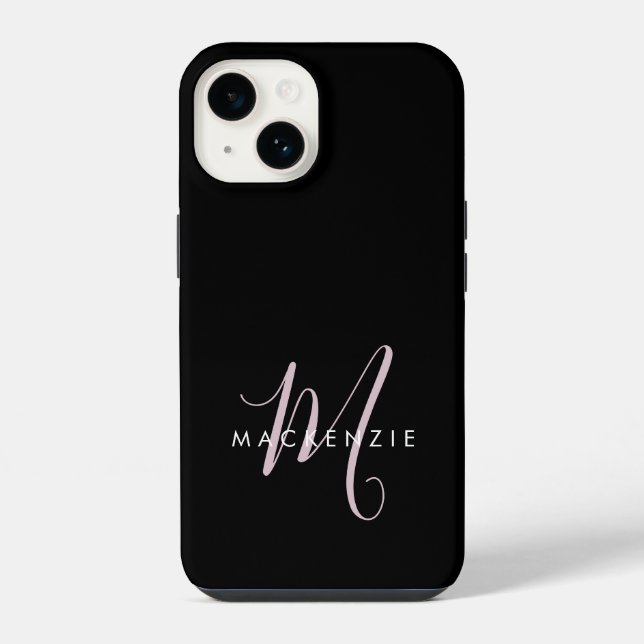 Elegant Modern Black Blush Pink Script Monogram iPhone Case (Back)