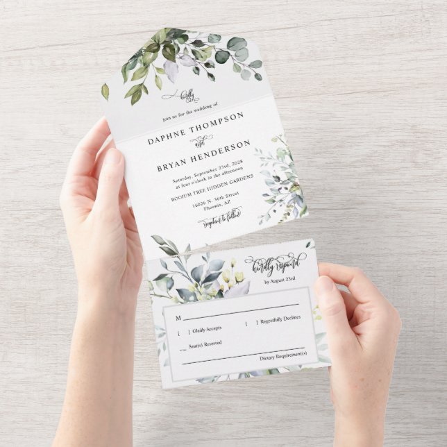 Elegant Modern Black Boho Greenery Wedding Photo All In One Invitation (Tearaway)