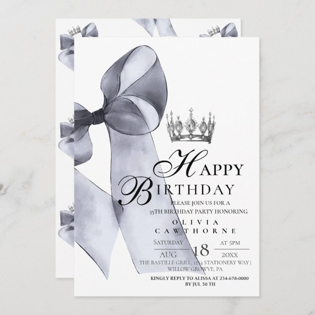 Elegant Modern Black Bow Crown Birthday Party  Invitation (Front/Back)