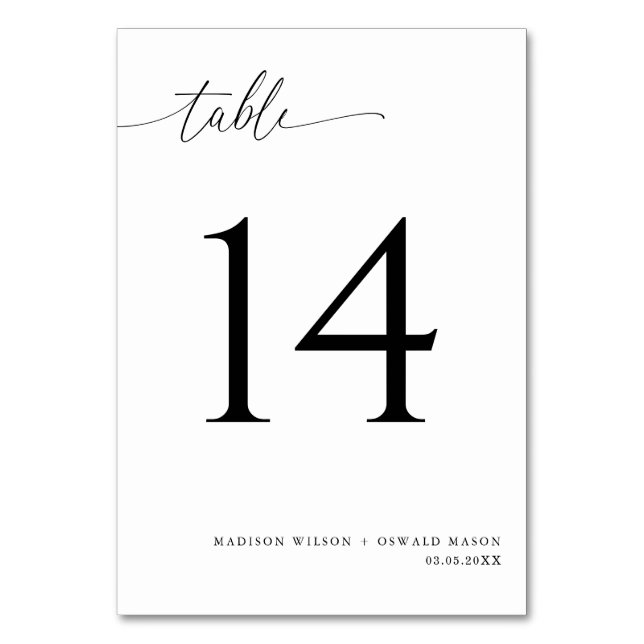 Elegant Modern Black Calligraphy Wedding 14 Table Number (Front)