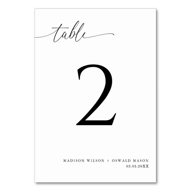 Elegant Modern Black Calligraphy Wedding 2 Table Number (Front)