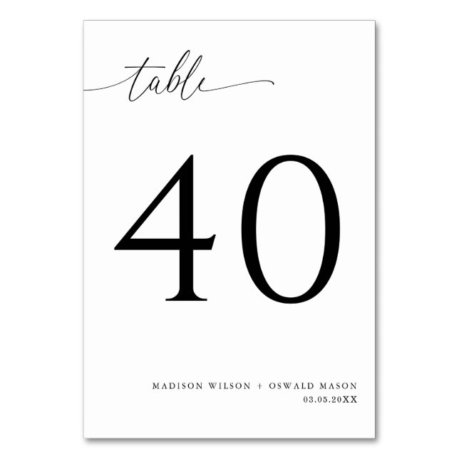 Elegant Modern Black Calligraphy Wedding 40 Table Number (Front)