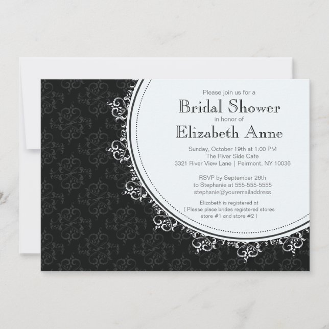Elegant Modern Black Damask Bridal Shower Invitation (Front)