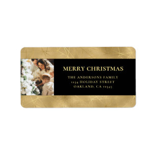 Elegant Modern Black & Faux Gold Christmas Photo Label