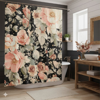 Elegant Modern Black Floral Pattern Shower Curtain