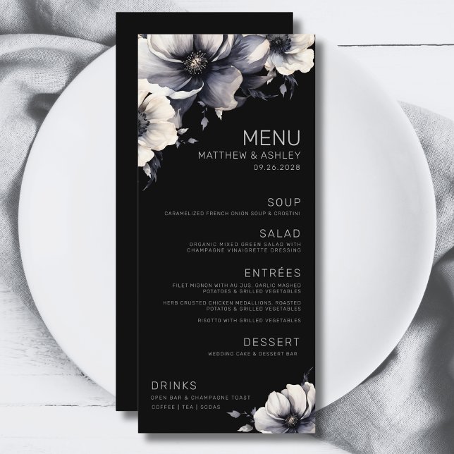 Elegant Modern Black Floral Wedding Menu (Simple Elegant Modern Floral Black White Wedding Menu)