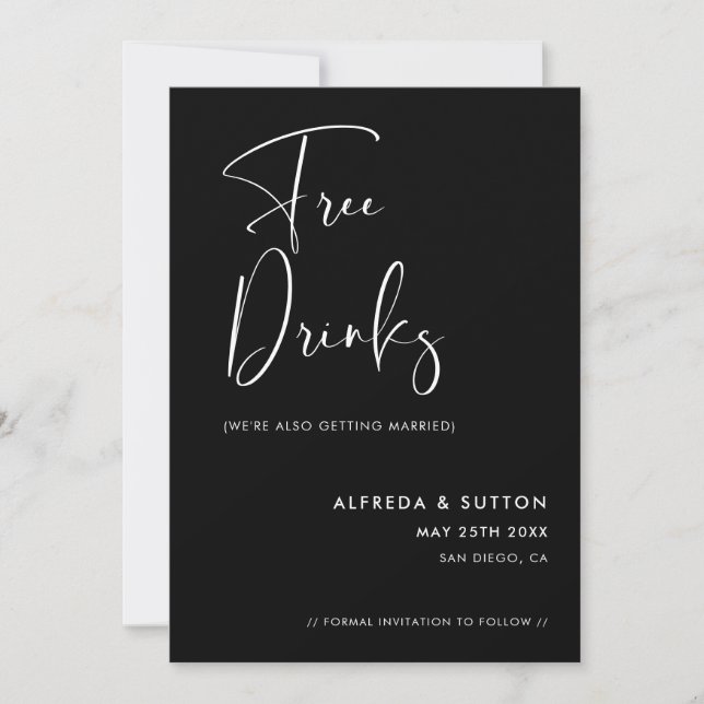 Elegant & Modern Black Free drinks Save The Date (Front)
