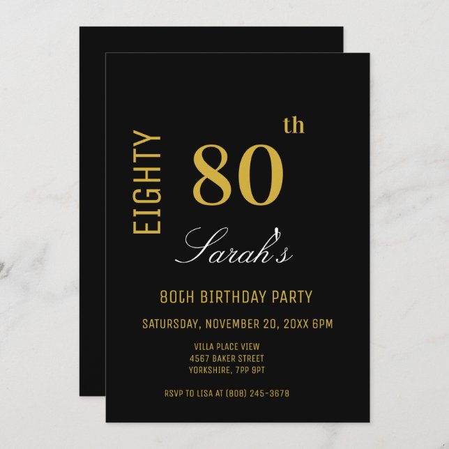 Elegant Modern Black & Gold 80th Birthday  Invitation (Front/Back)