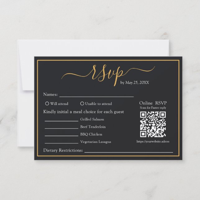 Elegant Modern Black & Gold Border QR Code RSVP Card (Front)