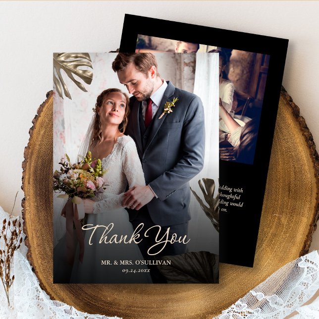 Elegant Modern Black Gold Botanical Wedding Photo Thank You Card (Creator Uploaded)
