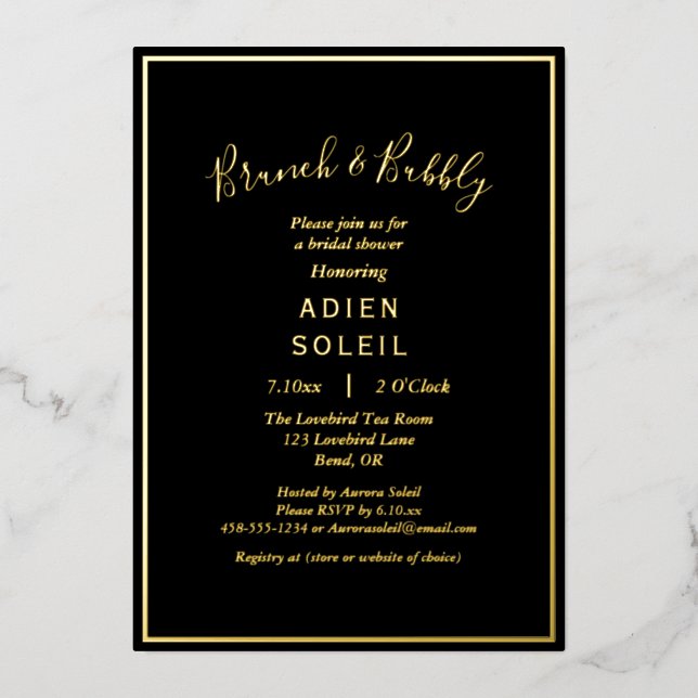Elegant Modern Black Gold Bridal Brunch and Bubbly (Front)