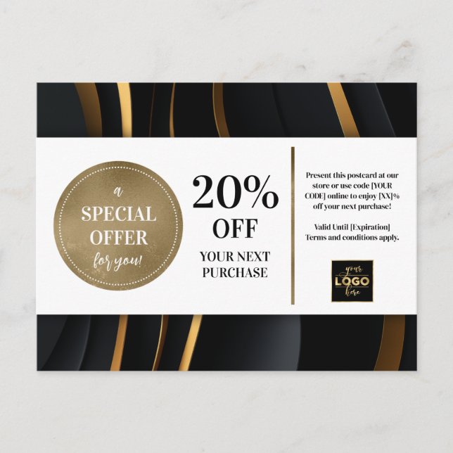 Elegant Modern Black Gold Coupon Discount  Postcard (Front)
