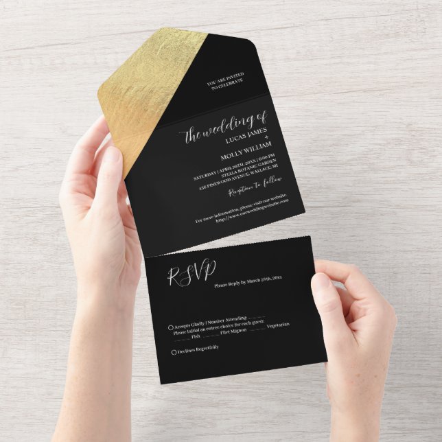 Elegant Modern Black & Gold Foil Wedding All In One Invitation (Tearaway)