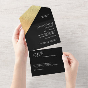 Elegant Modern Black & Gold Foil Wedding All In One Invitation